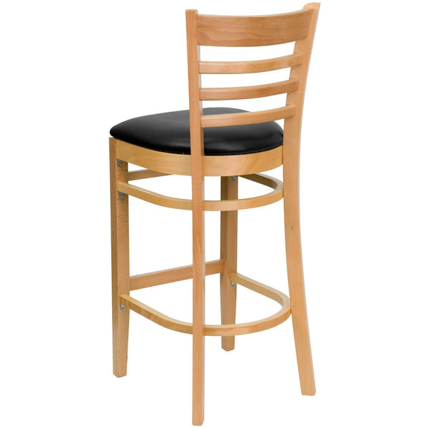 English Elm HERCULES Series Ladder Back Barstool - Elegant Cherry Wood Design with Comfortable Padded Seat Black Vinyl Seat/Natural Wood Frame XU-DGW0005BARLAD-NAT-BLKV-GG