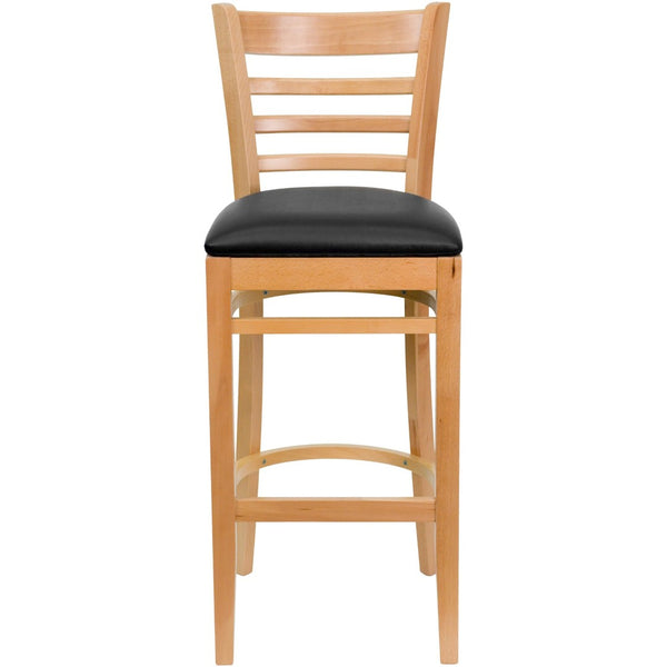 English Elm HERCULES Series Ladder Back Barstool - Elegant Cherry Wood Design with Comfortable Padded Seat Black Vinyl Seat/Natural Wood Frame XU-DGW0005BARLAD-NAT-BLKV-GG