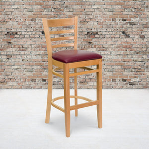 English Elm HERCULES Series Ladder Back Barstool - Elegant Cherry Wood Design with Comfortable Padded Seat Burgundy Vinyl Seat/Natural Wood Frame XU-DGW0005BARLAD-NAT-BURV-GG