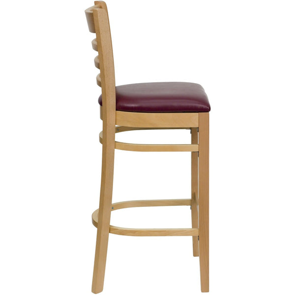 English Elm HERCULES Series Ladder Back Barstool - Elegant Cherry Wood Design with Comfortable Padded Seat Burgundy Vinyl Seat/Natural Wood Frame XU-DGW0005BARLAD-NAT-BURV-GG