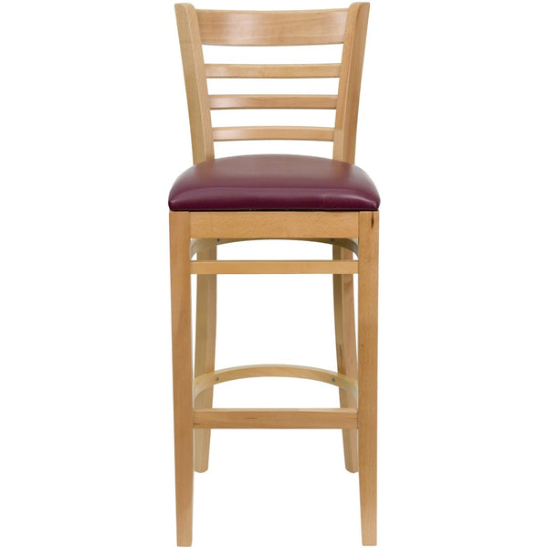 English Elm HERCULES Series Ladder Back Barstool - Elegant Cherry Wood Design with Comfortable Padded Seat Burgundy Vinyl Seat/Natural Wood Frame XU-DGW0005BARLAD-NAT-BURV-GG