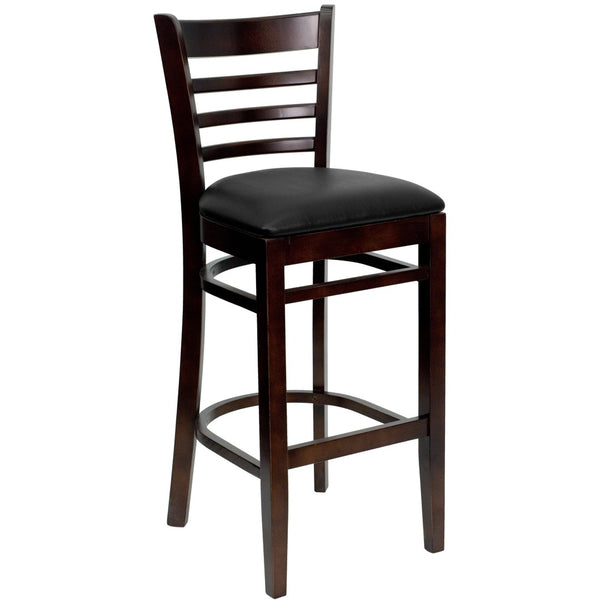 English Elm HERCULES Series Ladder Back Barstool - Elegant Cherry Wood Design with Comfortable Padded Seat Black Vinyl Seat/Walnut Wood Frame XU-DGW0005BARLAD-WAL-BLKV-GG