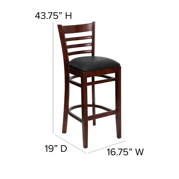 English Elm HERCULES Series Ladder Back Barstool - Elegant Cherry Wood Design with Comfortable Padded Seat Black Vinyl Seat/Walnut Wood Frame XU-DGW0005BARLAD-WAL-BLKV-GG