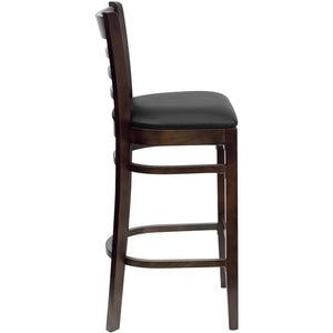 English Elm HERCULES Series Ladder Back Barstool - Elegant Cherry Wood Design with Comfortable Padded Seat Black Vinyl Seat/Walnut Wood Frame XU-DGW0005BARLAD-WAL-BLKV-GG