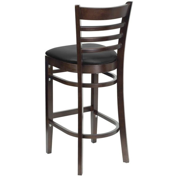 English Elm HERCULES Series Ladder Back Barstool - Elegant Cherry Wood Design with Comfortable Padded Seat Black Vinyl Seat/Walnut Wood Frame XU-DGW0005BARLAD-WAL-BLKV-GG