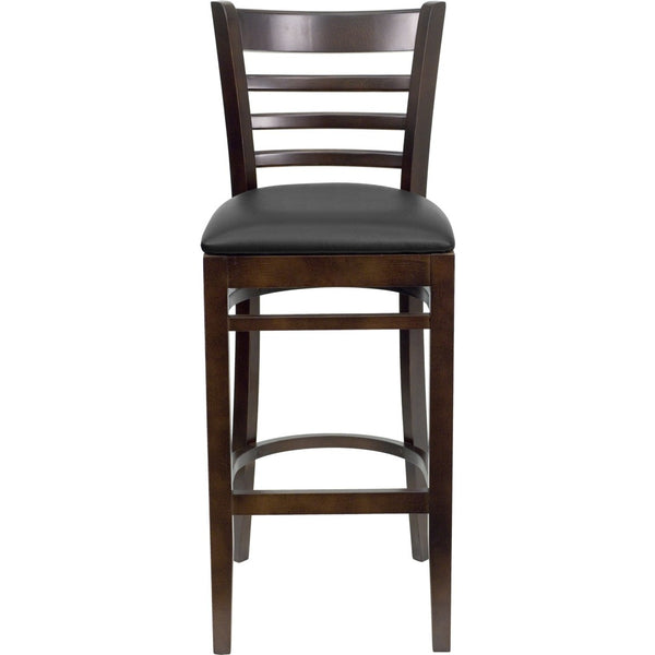English Elm HERCULES Series Ladder Back Barstool - Elegant Cherry Wood Design with Comfortable Padded Seat Black Vinyl Seat/Walnut Wood Frame XU-DGW0005BARLAD-WAL-BLKV-GG