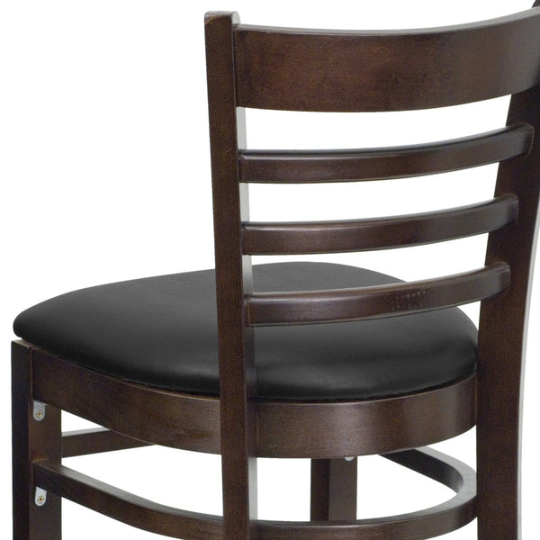 English Elm HERCULES Series Ladder Back Barstool - Elegant Cherry Wood Design with Comfortable Padded Seat Black Vinyl Seat/Walnut Wood Frame XU-DGW0005BARLAD-WAL-BLKV-GG