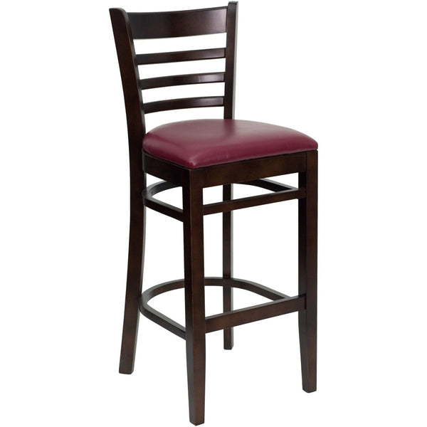 English Elm HERCULES Series Ladder Back Barstool - Elegant Cherry Wood Design with Comfortable Padded Seat Burgundy Vinyl Seat/Walnut Wood Frame XU-DGW0005BARLAD-WAL-BURV-GG