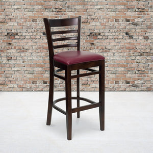 English Elm HERCULES Series Ladder Back Barstool - Elegant Cherry Wood Design with Comfortable Padded Seat Burgundy Vinyl Seat/Walnut Wood Frame XU-DGW0005BARLAD-WAL-BURV-GG