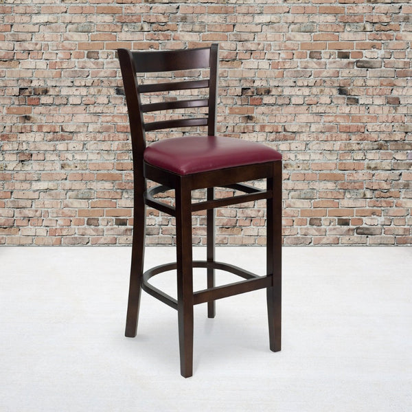 English Elm HERCULES Series Ladder Back Barstool - Elegant Cherry Wood Design with Comfortable Padded Seat Burgundy Vinyl Seat/Walnut Wood Frame XU-DGW0005BARLAD-WAL-BURV-GG