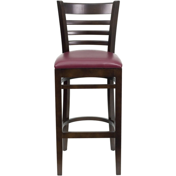 English Elm HERCULES Series Ladder Back Barstool - Elegant Cherry Wood Design with Comfortable Padded Seat Burgundy Vinyl Seat/Walnut Wood Frame XU-DGW0005BARLAD-WAL-BURV-GG