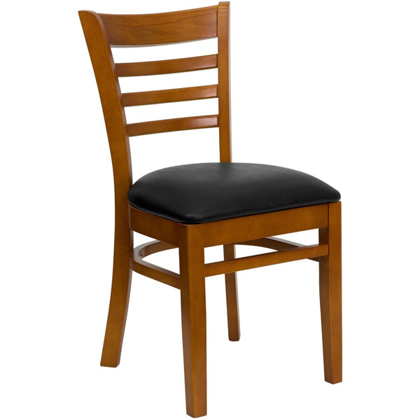 English Elm HERCULES Series Ladder Back Dining Chair - Durable Cherry Wood Design for Restaurants & Cafés Black Vinyl Seat/Cherry Wood Frame XU-DGW0005LAD-CHY-BLKV-GG
