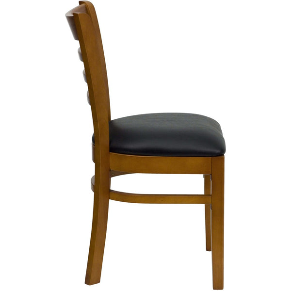 English Elm HERCULES Series Ladder Back Dining Chair - Durable Cherry Wood Design for Restaurants & Cafés Black Vinyl Seat/Cherry Wood Frame XU-DGW0005LAD-CHY-BLKV-GG