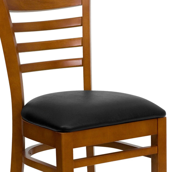 English Elm HERCULES Series Ladder Back Dining Chair - Durable Cherry Wood Design for Restaurants & Cafés Black Vinyl Seat/Cherry Wood Frame XU-DGW0005LAD-CHY-BLKV-GG