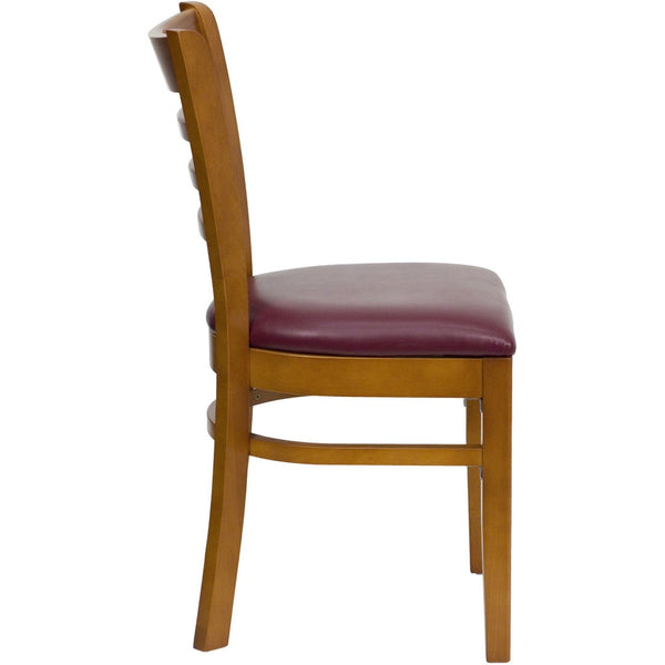 English Elm HERCULES Series Ladder Back Dining Chair - Durable Cherry Wood Design for Restaurants & Cafés Burgundy Vinyl Seat/Cherry Wood Frame XU-DGW0005LAD-CHY-BURV-GG