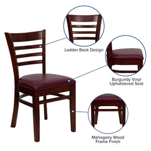 English Elm HERCULES Series Ladder Back Dining Chair - Durable Cherry Wood Design for Restaurants & Cafés Burgundy Vinyl Seat/Mahogany Wood Frame XU-DGW0005LAD-MAH-BURV-GG