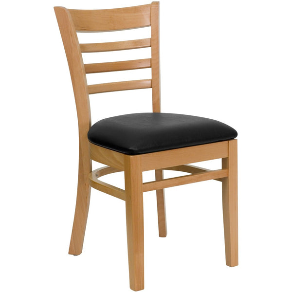 English Elm HERCULES Series Ladder Back Dining Chair - Durable Cherry Wood Design for Restaurants & Cafés Black Vinyl Seat/Natural Wood Frame XU-DGW0005LAD-NAT-BLKV-GG
