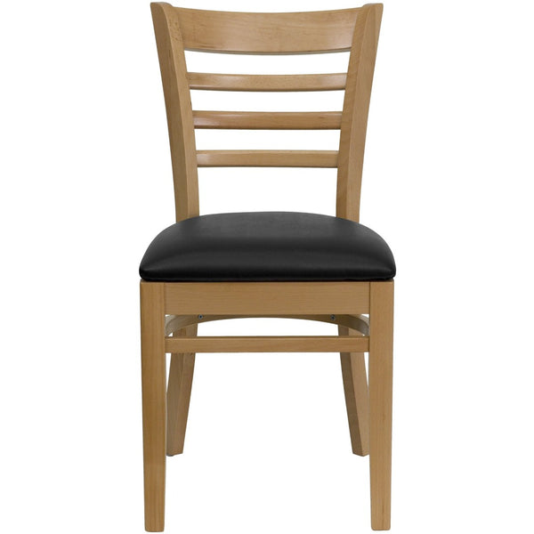 English Elm HERCULES Series Ladder Back Dining Chair - Durable Cherry Wood Design for Restaurants & Cafés Black Vinyl Seat/Natural Wood Frame XU-DGW0005LAD-NAT-BLKV-GG