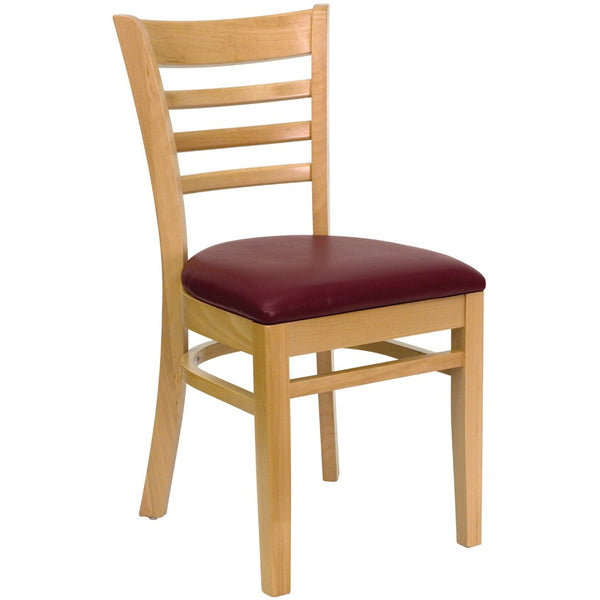 English Elm HERCULES Series Ladder Back Dining Chair - Durable Cherry Wood Design for Restaurants & Cafés Burgundy Vinyl Seat/Natural Wood Frame XU-DGW0005LAD-NAT-BURV-GG