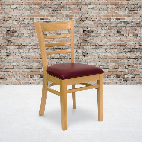 English Elm HERCULES Series Ladder Back Dining Chair - Durable Cherry Wood Design for Restaurants & Cafés Burgundy Vinyl Seat/Natural Wood Frame XU-DGW0005LAD-NAT-BURV-GG