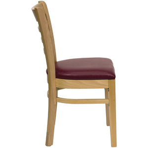 English Elm HERCULES Series Ladder Back Dining Chair - Durable Cherry Wood Design for Restaurants & Cafés Burgundy Vinyl Seat/Natural Wood Frame XU-DGW0005LAD-NAT-BURV-GG