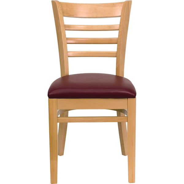 English Elm HERCULES Series Ladder Back Dining Chair - Durable Cherry Wood Design for Restaurants & Cafés Burgundy Vinyl Seat/Natural Wood Frame XU-DGW0005LAD-NAT-BURV-GG
