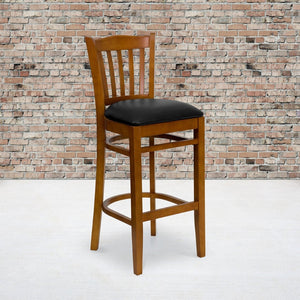 English Elm HERCULES Vertical Slat Back Barstool with Durable Design and Comfort for Restaurants and Homes Black Vinyl Seat/Cherry Wood Frame XU-DGW0008BARVRT-CHY-BLKV-GG