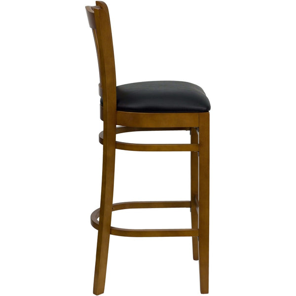English Elm HERCULES Vertical Slat Back Barstool with Durable Design and Comfort for Restaurants and Homes Black Vinyl Seat/Cherry Wood Frame XU-DGW0008BARVRT-CHY-BLKV-GG