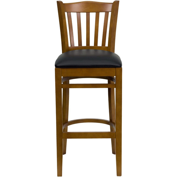 English Elm HERCULES Vertical Slat Back Barstool with Durable Design and Comfort for Restaurants and Homes Black Vinyl Seat/Cherry Wood Frame XU-DGW0008BARVRT-CHY-BLKV-GG