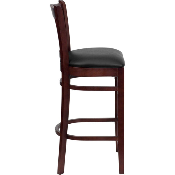 English Elm HERCULES Vertical Slat Back Barstool with Durable Design and Comfort for Restaurants and Homes Black Vinyl Seat/Mahogany Wood Frame XU-DGW0008BARVRT-MAH-BLKV-GG