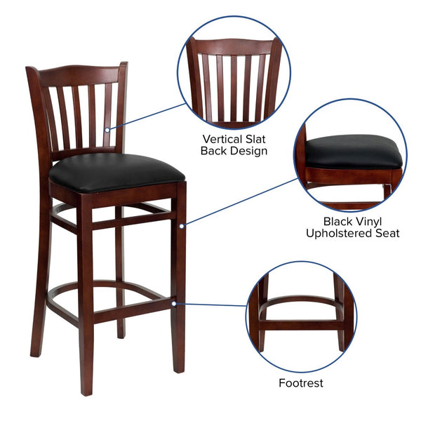 English Elm HERCULES Vertical Slat Back Barstool with Durable Design and Comfort for Restaurants and Homes Black Vinyl Seat/Mahogany Wood Frame XU-DGW0008BARVRT-MAH-BLKV-GG