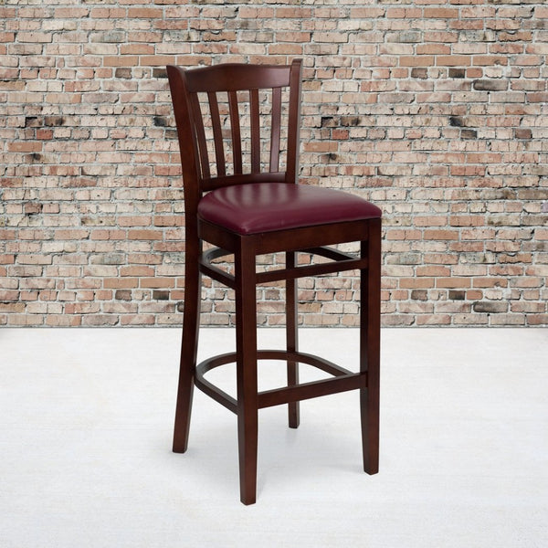 English Elm HERCULES Vertical Slat Back Barstool with Durable Design and Comfort for Restaurants and Homes Burgundy Vinyl Seat/Mahogany Wood Frame XU-DGW0008BARVRT-MAH-BURV-GG