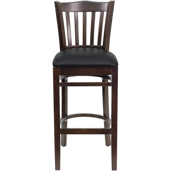 English Elm HERCULES Vertical Slat Back Barstool with Durable Design and Comfort for Restaurants and Homes Black Vinyl Seat/Walnut Wood Frame XU-DGW0008BARVRT-WAL-BLKV-GG