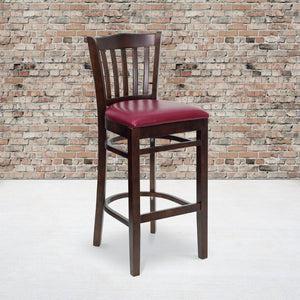 English Elm HERCULES Vertical Slat Back Barstool with Durable Design and Comfort for Restaurants and Homes Burgundy Vinyl Seat/Walnut Wood Frame XU-DGW0008BARVRT-WAL-BURV-GG