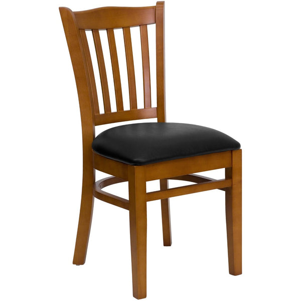 English Elm HERCULES Vertical Slat Back Restaurant Chair - Durable European Hardwood with Comfortable Seating Black Vinyl Seat/Cherry Wood Frame XU-DGW0008VRT-CHY-BLKV-GG