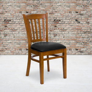 English Elm HERCULES Vertical Slat Back Restaurant Chair - Durable European Hardwood with Comfortable Seating Black Vinyl Seat/Cherry Wood Frame XU-DGW0008VRT-CHY-BLKV-GG