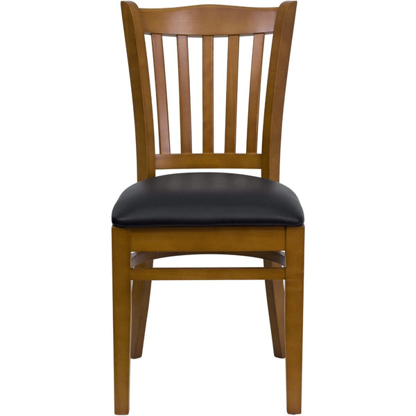 English Elm HERCULES Vertical Slat Back Restaurant Chair - Durable European Hardwood with Comfortable Seating Black Vinyl Seat/Cherry Wood Frame XU-DGW0008VRT-CHY-BLKV-GG