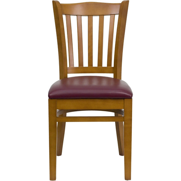 English Elm HERCULES Vertical Slat Back Restaurant Chair - Durable European Hardwood with Comfortable Seating Burgundy Vinyl Seat/Cherry Wood Frame XU-DGW0008VRT-CHY-BURV-GG