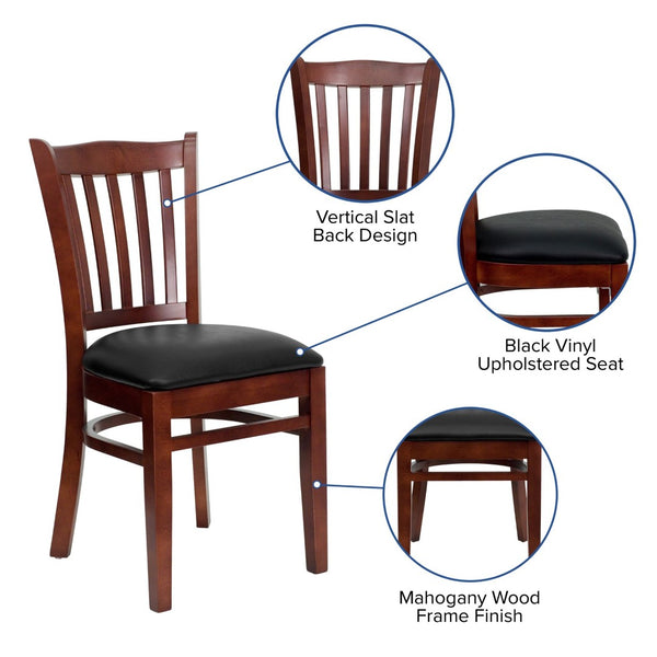 English Elm HERCULES Vertical Slat Back Restaurant Chair - Durable European Hardwood with Comfortable Seating Black Vinyl Seat/Mahogany Wood Frame XU-DGW0008VRT-MAH-BLKV-GG