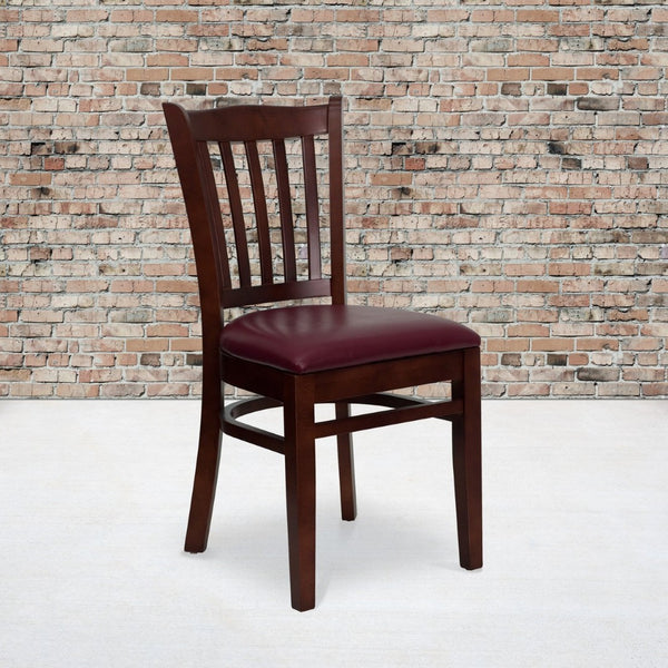 English Elm HERCULES Vertical Slat Back Restaurant Chair - Durable European Hardwood with Comfortable Seating Burgundy Vinyl Seat/Mahogany Wood Frame XU-DGW0008VRT-MAH-BURV-GG