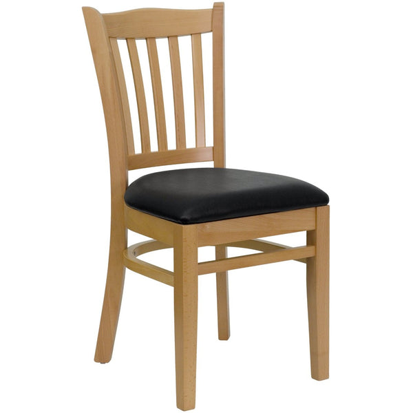 English Elm HERCULES Vertical Slat Back Restaurant Chair - Durable European Hardwood with Comfortable Seating Black Vinyl Seat/Natural Wood Frame XU-DGW0008VRT-NAT-BLKV-GG