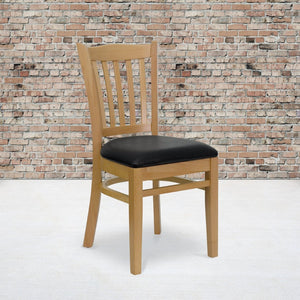 English Elm HERCULES Vertical Slat Back Restaurant Chair - Durable European Hardwood with Comfortable Seating Black Vinyl Seat/Natural Wood Frame XU-DGW0008VRT-NAT-BLKV-GG