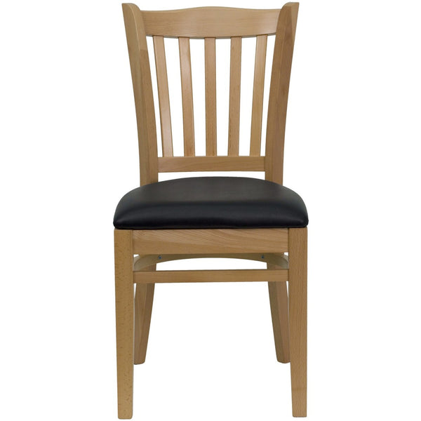 English Elm HERCULES Vertical Slat Back Restaurant Chair - Durable European Hardwood with Comfortable Seating Black Vinyl Seat/Natural Wood Frame XU-DGW0008VRT-NAT-BLKV-GG