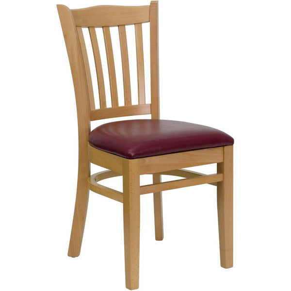 English Elm HERCULES Vertical Slat Back Restaurant Chair - Durable European Hardwood with Comfortable Seating Burgundy Vinyl Seat/Natural Wood Frame XU-DGW0008VRT-NAT-BURV-GG