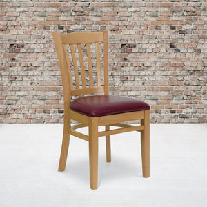 English Elm HERCULES Vertical Slat Back Restaurant Chair - Durable European Hardwood with Comfortable Seating Burgundy Vinyl Seat/Natural Wood Frame XU-DGW0008VRT-NAT-BURV-GG