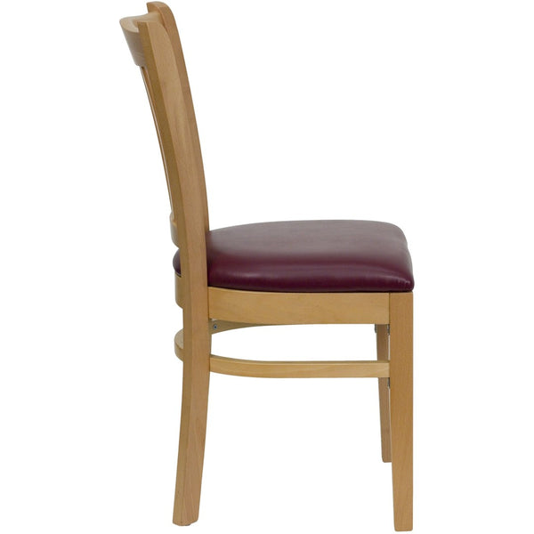 English Elm HERCULES Vertical Slat Back Restaurant Chair - Durable European Hardwood with Comfortable Seating Burgundy Vinyl Seat/Natural Wood Frame XU-DGW0008VRT-NAT-BURV-GG