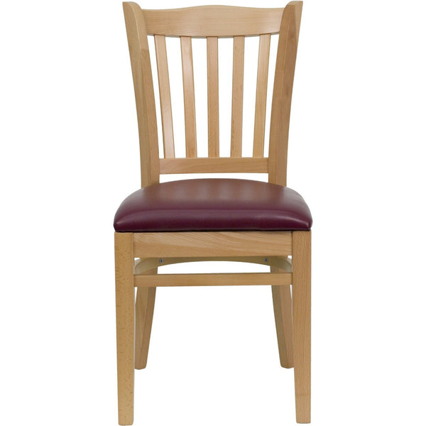 English Elm HERCULES Vertical Slat Back Restaurant Chair - Durable European Hardwood with Comfortable Seating Burgundy Vinyl Seat/Natural Wood Frame XU-DGW0008VRT-NAT-BURV-GG