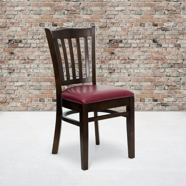 English Elm HERCULES Vertical Slat Back Restaurant Chair - Durable European Hardwood with Comfortable Seating Burgundy Vinyl Seat/Walnut Wood Frame XU-DGW0008VRT-WAL-BURV-GG