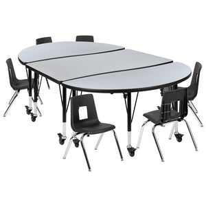 English Elm Emmy Mobile 9-Piece Oval Wave Activity Table Set with Ergonomic Student Chairs for Classroom Flexibility Grey 47.5"W x 76"L XU-GRP-12CH-A3048CON-48-GY-T-P-CAS-GG