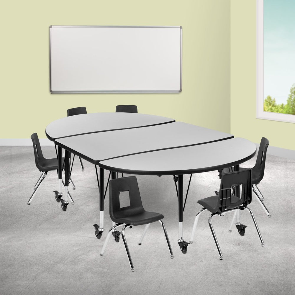 English Elm Emmy Mobile 9-Piece Oval Wave Activity Table Set with Ergonomic Student Chairs for Classroom Flexibility Grey 47.5"W x 76"L XU-GRP-12CH-A3048CON-48-GY-T-P-CAS-GG